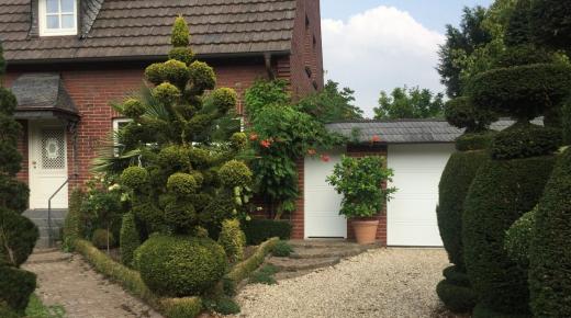 Haus mit weißer Haustür und weißem Sprossenfenster